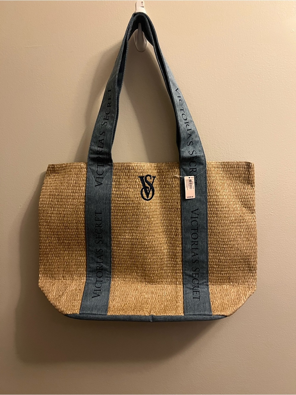 Victoria's Secret Natural Straw Tote with Blue Denim Straps